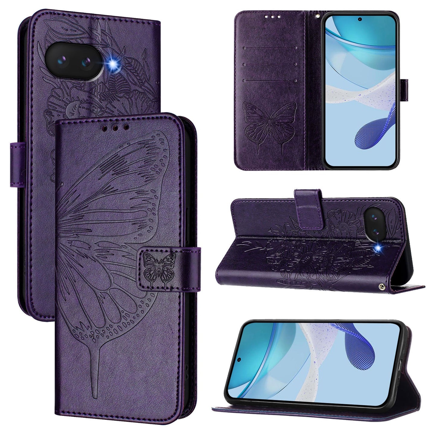 For Google Pixel 9a Case YB Imprinting Series-4 Butterfly Flower Flip Wallet Leather Phone Cover - Dark Purple