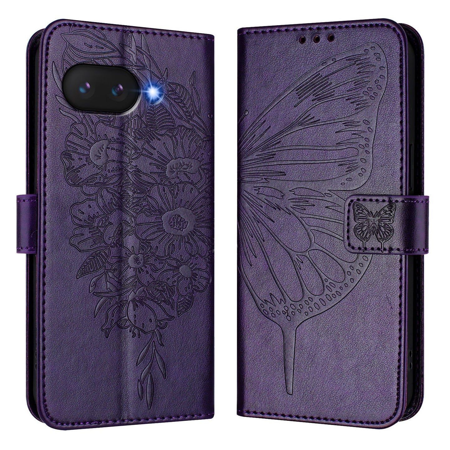 For Google Pixel 9a Case YB Imprinting Series-4 Butterfly Flower Flip Wallet Leather Phone Cover - Dark Purple