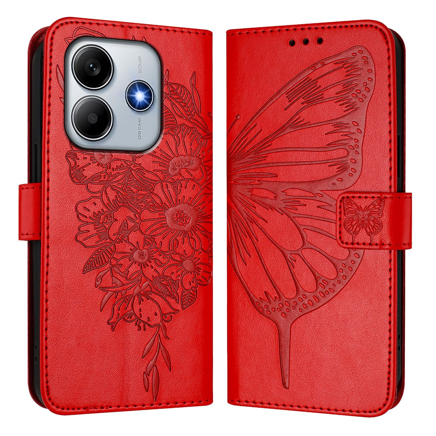 For Xiaomi Redmi Note 14 5G Case YB Imprinting Series-4 Butterfly Flower Flip Wallet Leather Phone Cover - Red