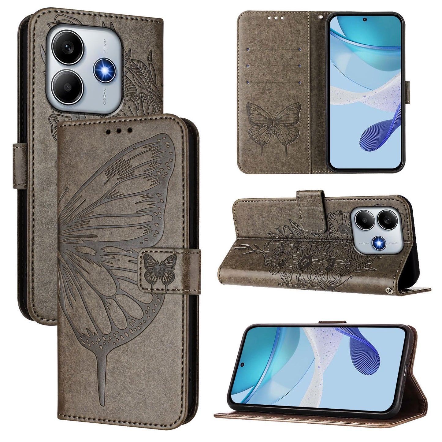For Xiaomi Redmi Note 14 5G Case YB Imprinting Series-4 Butterfly Flower Flip Wallet Leather Phone Cover - Grey