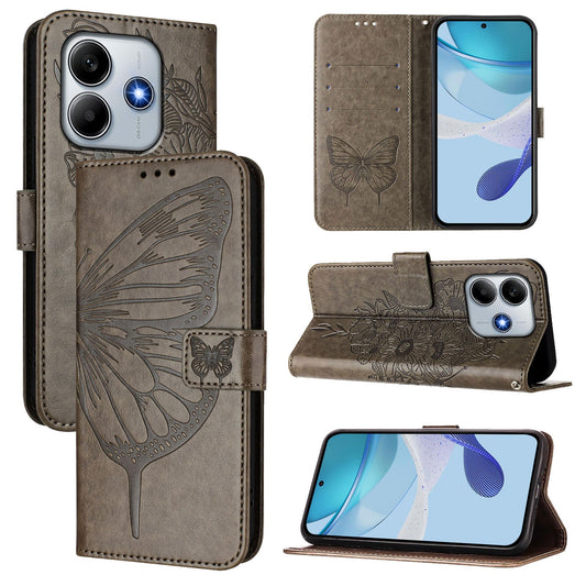 For Xiaomi Redmi Note 14 5G Case YB Imprinting Series-4 Butterfly Flower Flip Wallet Leather Phone Cover - Grey