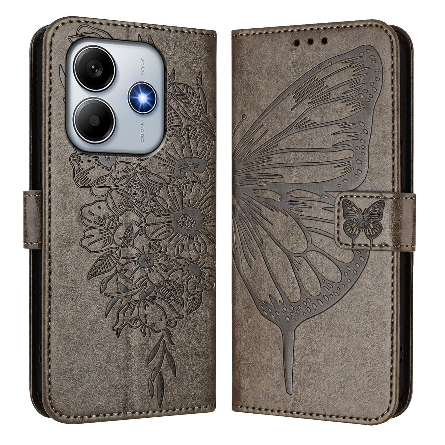 For Xiaomi Redmi Note 14 5G Case YB Imprinting Series-4 Butterfly Flower Flip Wallet Leather Phone Cover - Grey