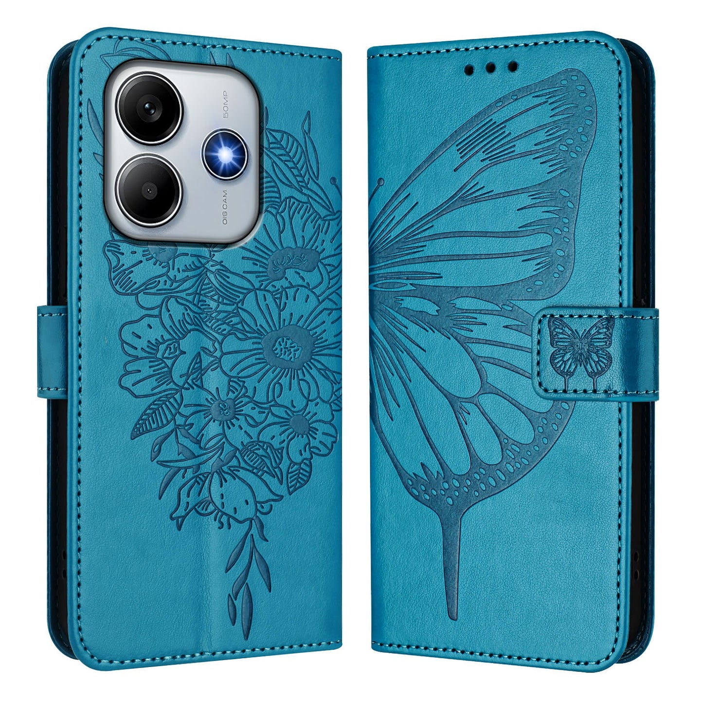 For Xiaomi Redmi Note 14 5G Case YB Imprinting Series-4 Butterfly Flower Flip Wallet Leather Phone Cover - Blue