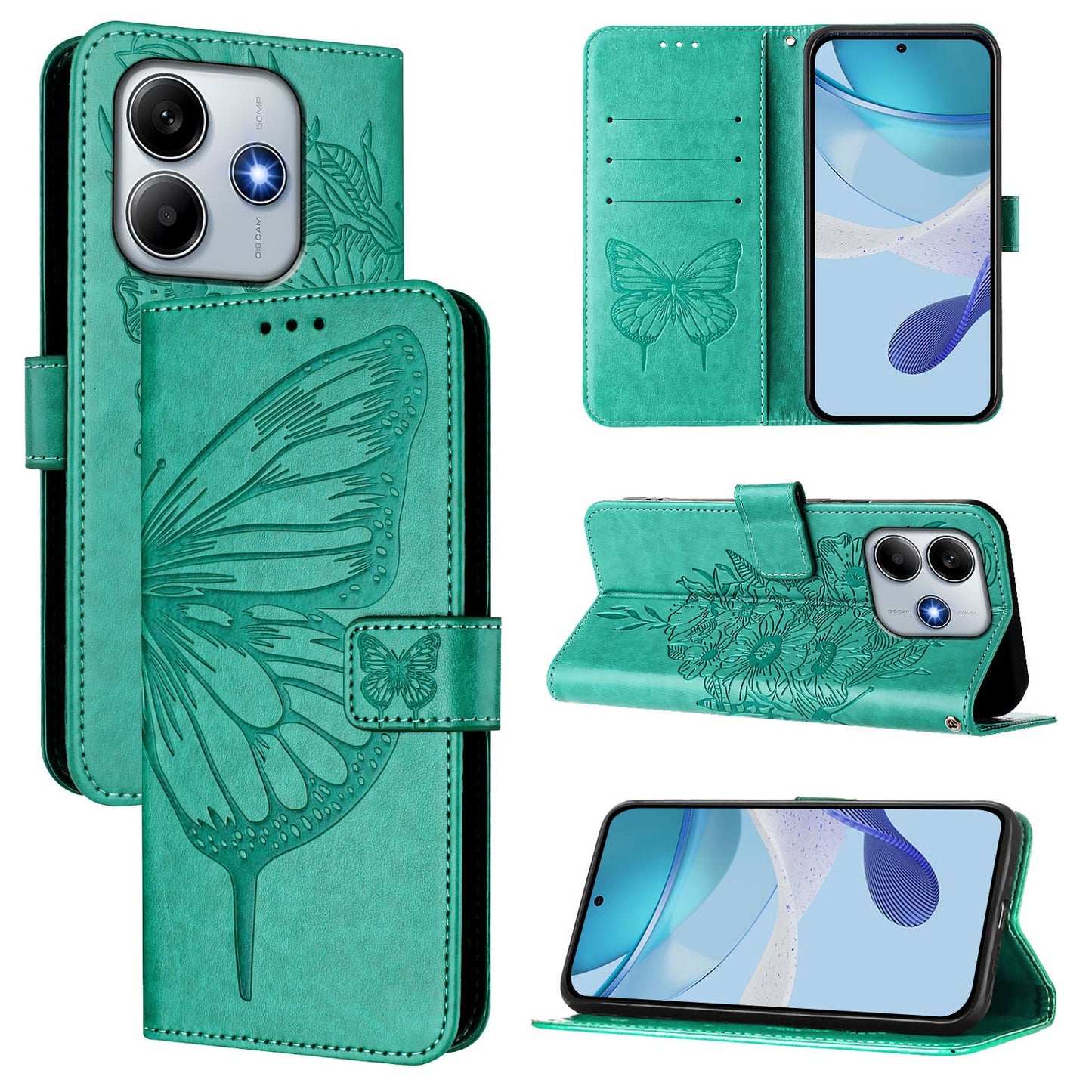 For Xiaomi Redmi Note 14 5G Case YB Imprinting Series-4 Butterfly Flower Flip Wallet Leather Phone Cover - Green