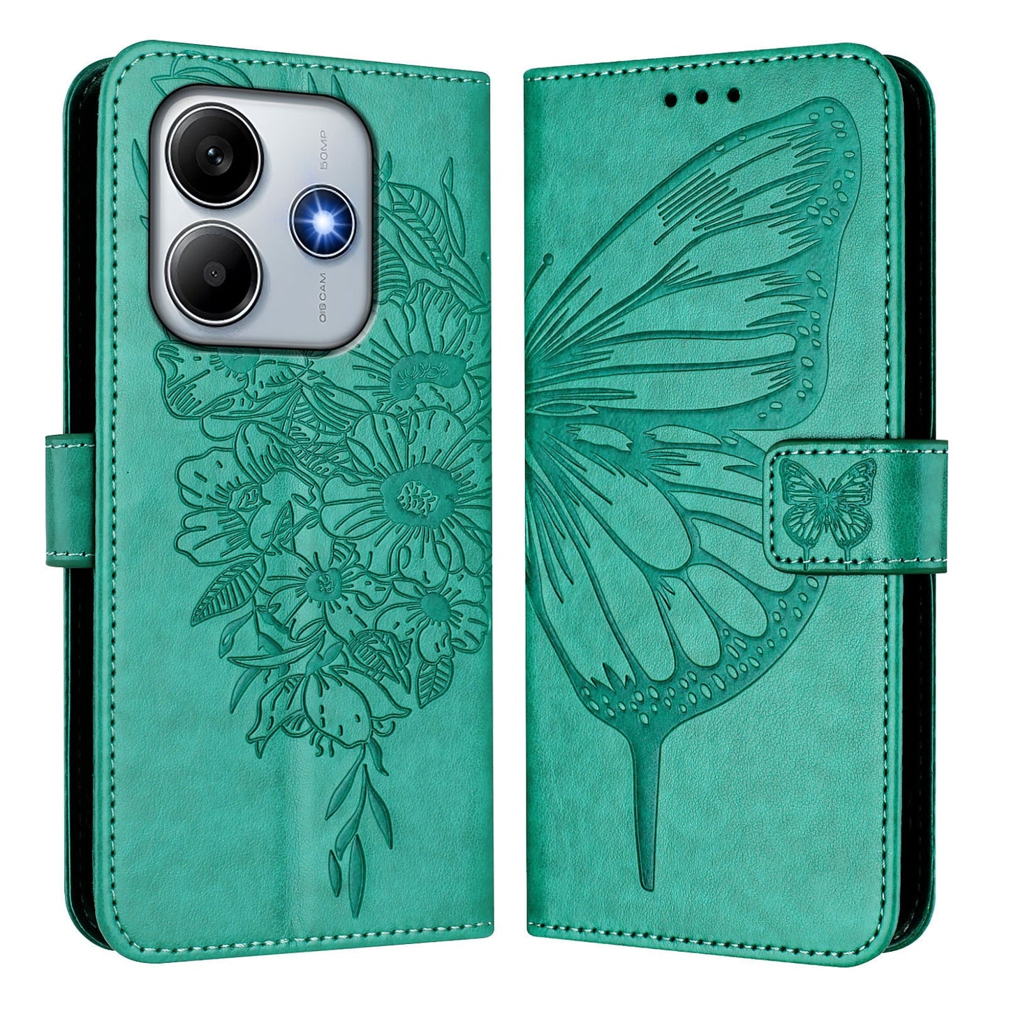 For Xiaomi Redmi Note 14 5G Case YB Imprinting Series-4 Butterfly Flower Flip Wallet Leather Phone Cover - Green
