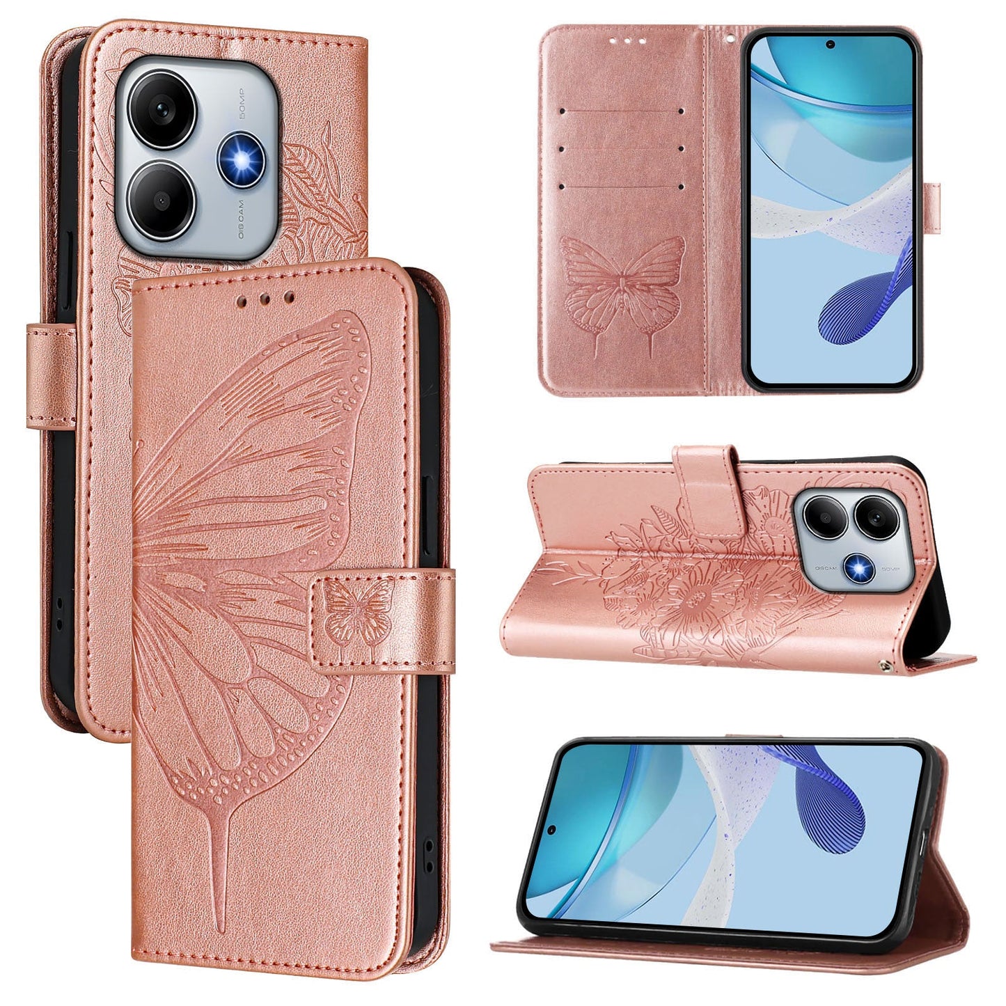For Xiaomi Redmi Note 14 5G Case YB Imprinting Series-4 Butterfly Flower Flip Wallet Leather Phone Cover - Rose Gold