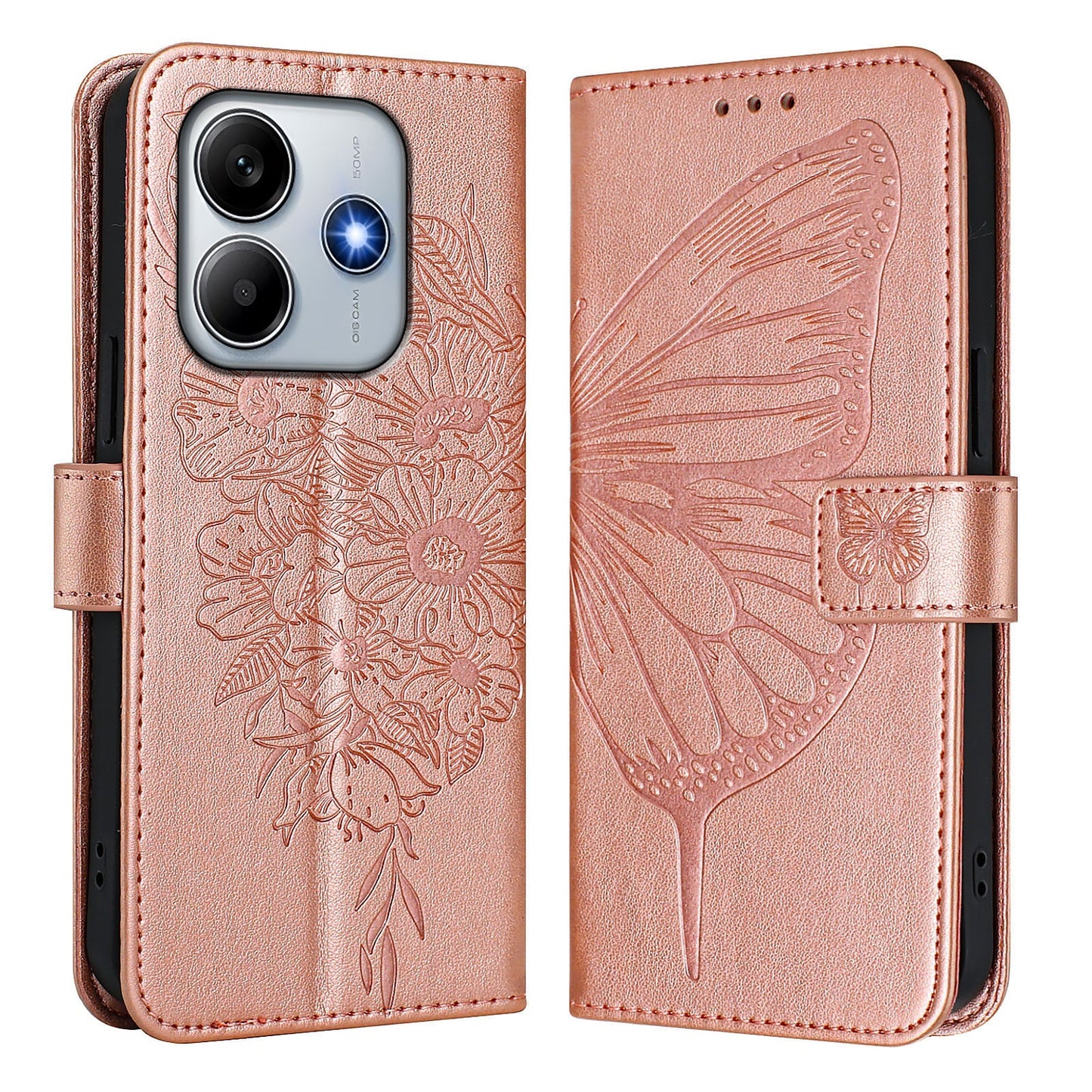 For Xiaomi Redmi Note 14 5G Case YB Imprinting Series-4 Butterfly Flower Flip Wallet Leather Phone Cover - Rose Gold