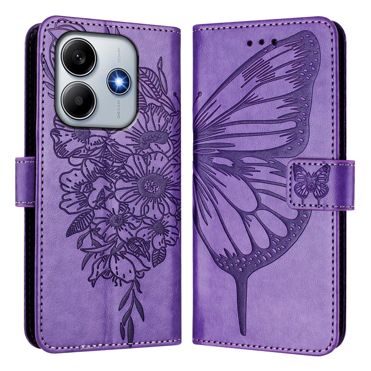 For Xiaomi Redmi Note 14 5G Case YB Imprinting Series-4 Butterfly Flower Flip Wallet Leather Phone Cover - Purple
