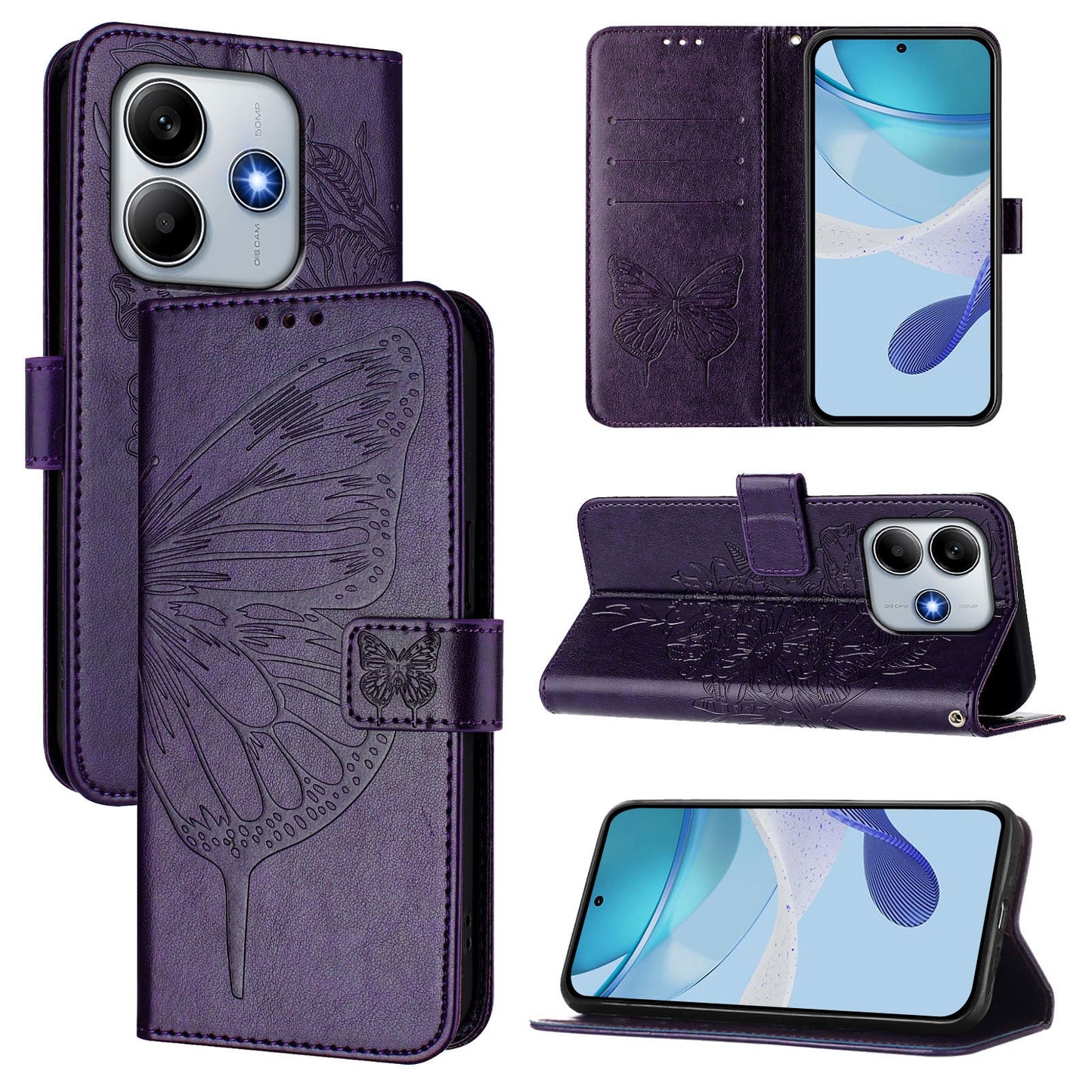 For Xiaomi Redmi Note 14 5G Case YB Imprinting Series-4 Butterfly Flower Flip Wallet Leather Phone Cover - Dark Purple