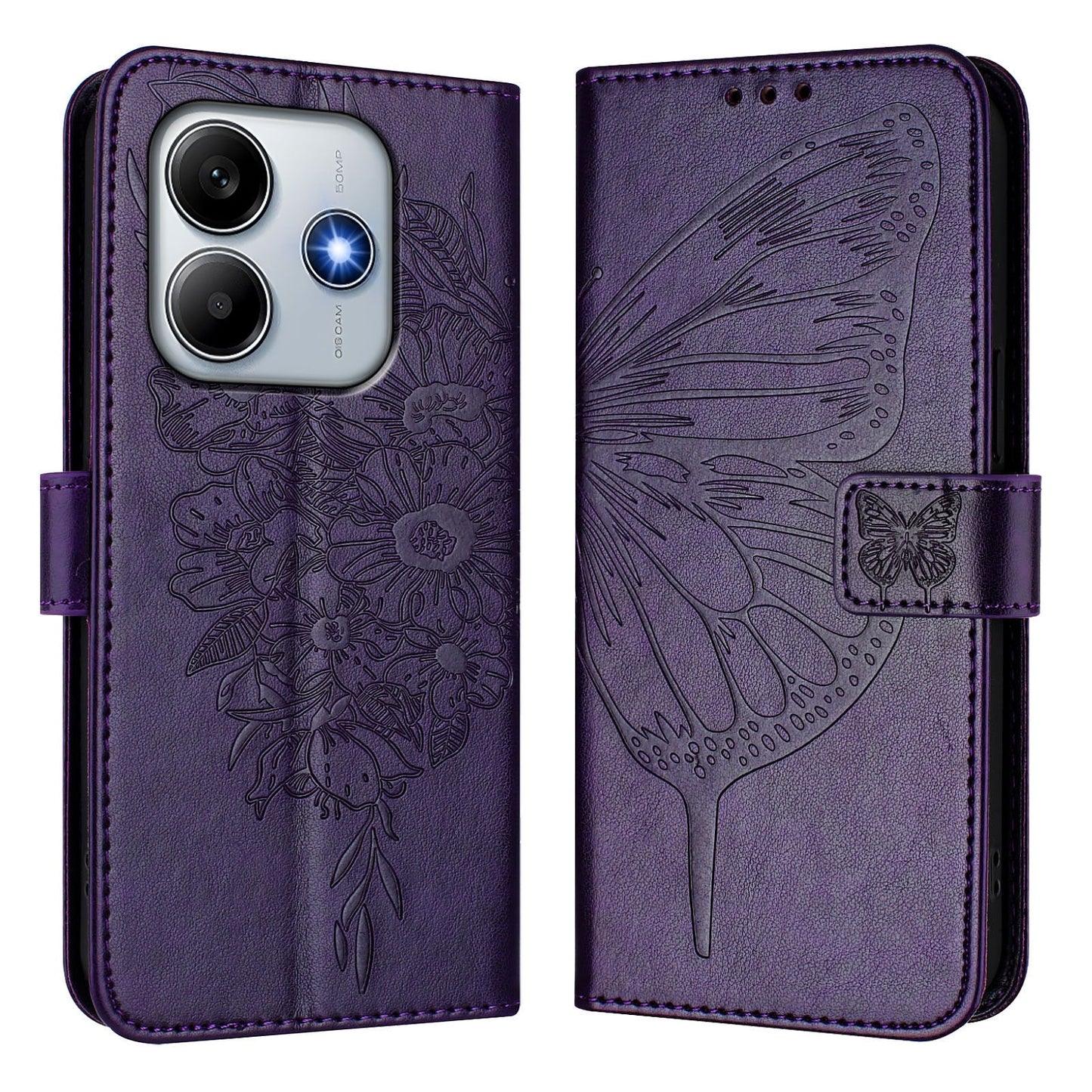 For Xiaomi Redmi Note 14 5G Case YB Imprinting Series-4 Butterfly Flower Flip Wallet Leather Phone Cover - Dark Purple