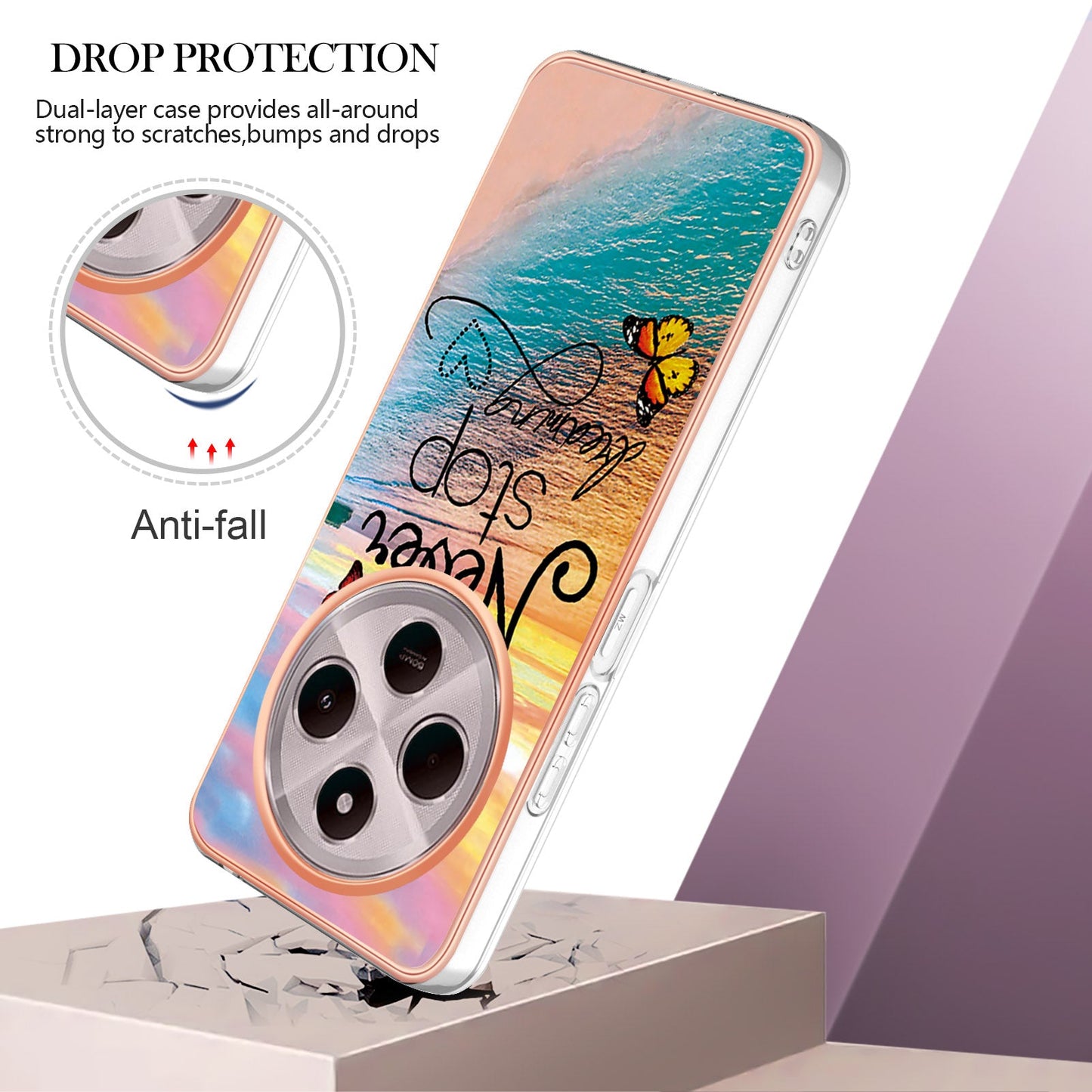 For Xiaomi Redmi 14R 5G / Xiaomi Poco C75 4G / Xiaomi Redmi 14C 4G Case YB IMD Series-1 Style-A  IMD Marble Flower Pattern TPU Phone Cover - Never Stop Dreaming