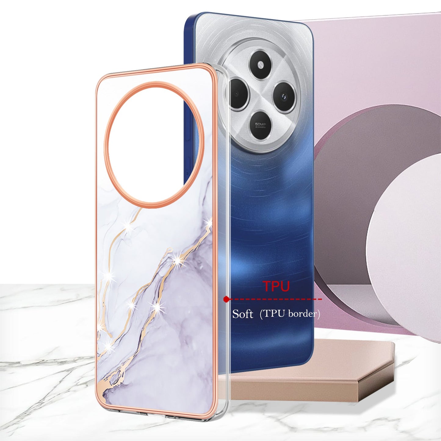 For Xiaomi Redmi 14R 5G / Xiaomi Poco C75 4G / Xiaomi Redmi 14C 4G Case YB IMD Series-2 Style-B IMD Marble Pattern TPU Back Cover - White 006