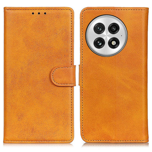 For OnePlus 13 Stand Wallet Case Cowhide Texture Leather Phone Cover - Brown