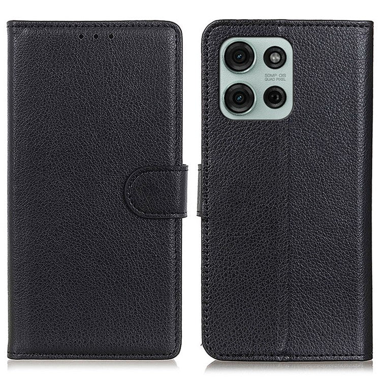 For Motorola Moto G75 5G Wallet Case PU Leather Phone Cover Litchi Texture - Black