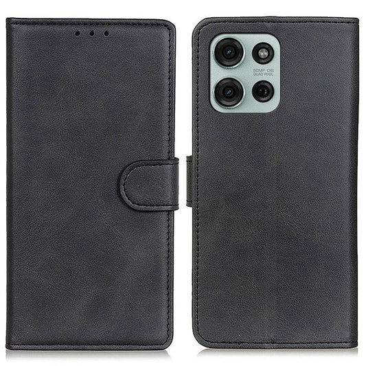 For Motorola Moto G75 5G Stand Wallet Case Cowhide Texture Leather Phone Cover - Black