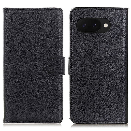 For Google Pixel 9a Wallet Case PU Leather Phone Cover Litchi Texture - Black