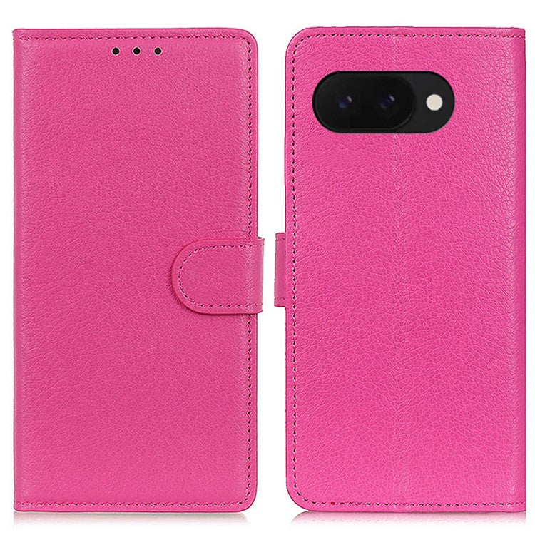 For Google Pixel 9a Wallet Case PU Leather Phone Cover Litchi Texture - Rose