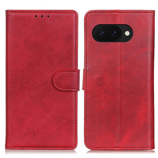 For Google Pixel 9a Stand Wallet Case Cowhide Texture Leather Phone Cover - Red