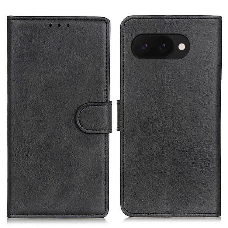 For Google Pixel 9a Stand Wallet Case Cowhide Texture Leather Phone Cover - Black