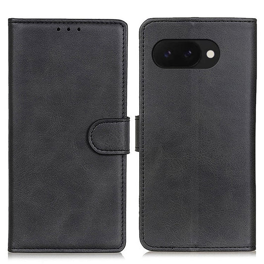 For Google Pixel 9a Stand Wallet Case Cowhide Texture Leather Phone Cover - Black