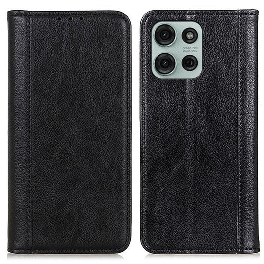 For Motorola Moto G75 5G Stand Case Split Leather Litchi Texture Wallet Phone Cover - Black