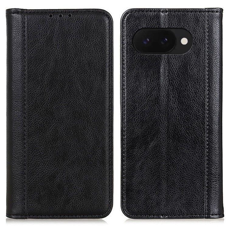 For Google Pixel 9a Stand Case Split Leather Litchi Texture Wallet Phone Cover - Black