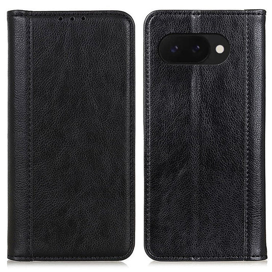 For Google Pixel 9a Stand Case Split Leather Litchi Texture Wallet Phone Cover - Black