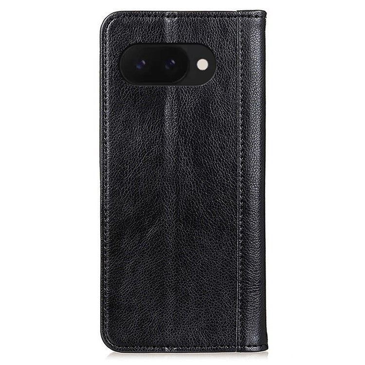 For Google Pixel 9a Stand Case Split Leather Litchi Texture Wallet Phone Cover - Black