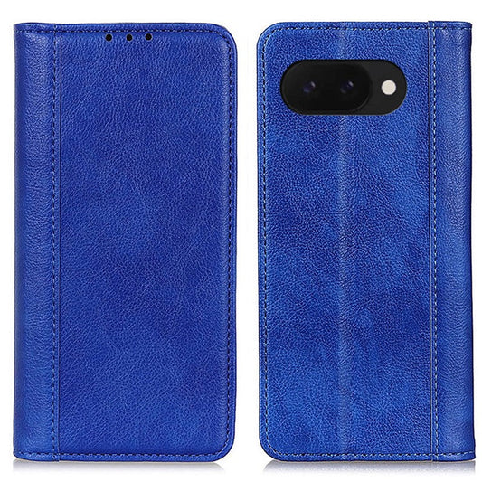 For Google Pixel 9a Stand Case Split Leather Litchi Texture Wallet Phone Cover - Blue