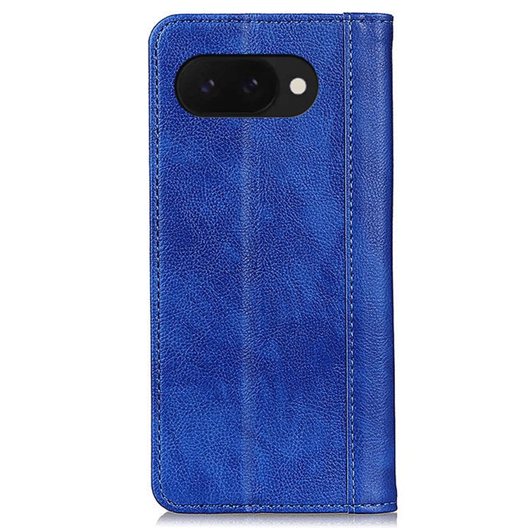 For Google Pixel 9a Stand Case Split Leather Litchi Texture Wallet Phone Cover - Blue
