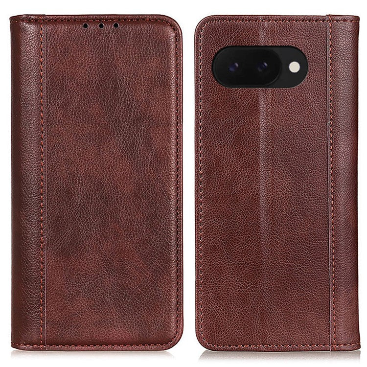 For Google Pixel 9a Stand Case Split Leather Litchi Texture Wallet Phone Cover - Brown