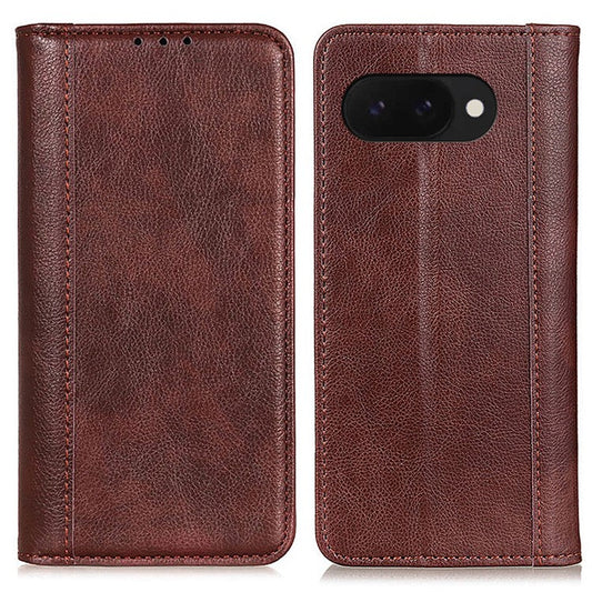 For Google Pixel 9a Stand Case Split Leather Litchi Texture Wallet Phone Cover - Brown