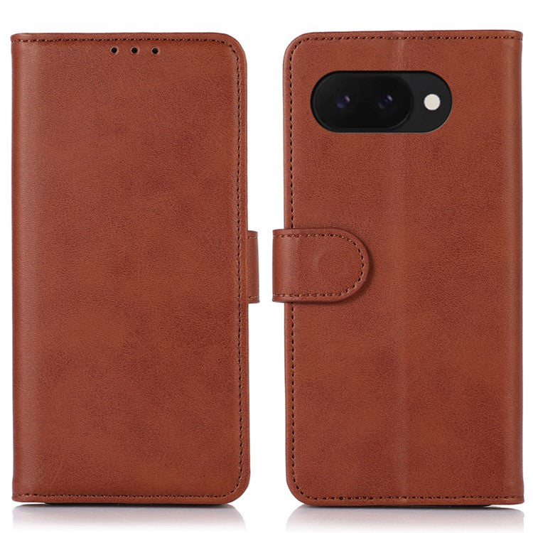 For Google Pixel 9a Case Cowhide Texture Leather Wallet Phone Cover with Stand - Brown