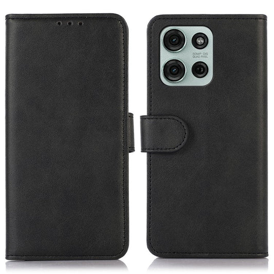 For Motorola Moto G75 5G Case Cowhide Texture Leather Wallet Phone Cover with Stand - Black