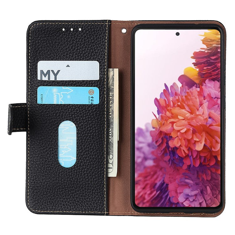 KHAZNEH For OnePlus 13 Phone Case Genuine Cow Leather Flip Cover - Black