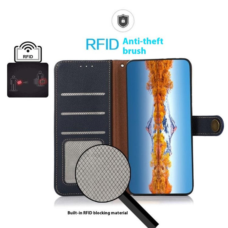KHAZNEH For OnePlus 13 Case Genuine Cow Leather Wallet Phone Cover - Blue