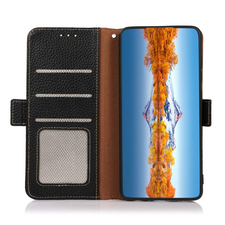 KHAZNEH For OnePlus 13 Phone Case Genuine Cow Leather Cover RFID Blocking - Black