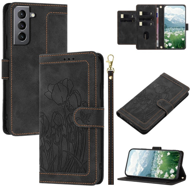 For Samsung Galaxy S22 5G Case Tulip Leather Phone Cover with 5 Card Slots Wallet - Black