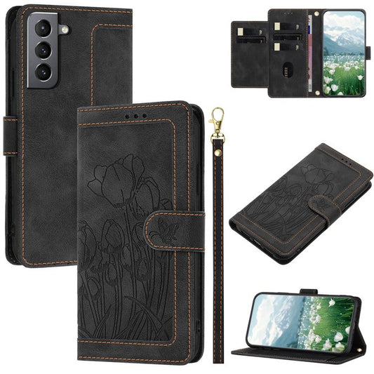 For Samsung Galaxy S22 5G Case Tulip Leather Phone Cover with 5 Card Slots Wallet - Black