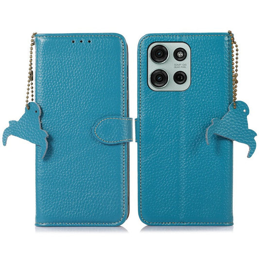 For Motorola Moto G75 5G Case RFID Blocking Genuine Cow Leather Phone Cover Litchi Texture - Blue