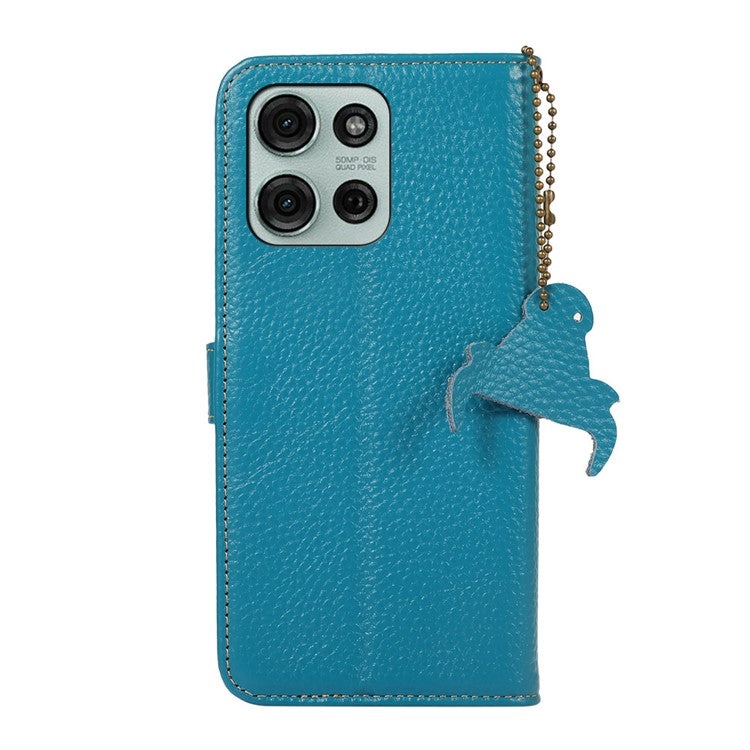 For Motorola Moto G75 5G Case RFID Blocking Genuine Cow Leather Phone Cover Litchi Texture - Blue