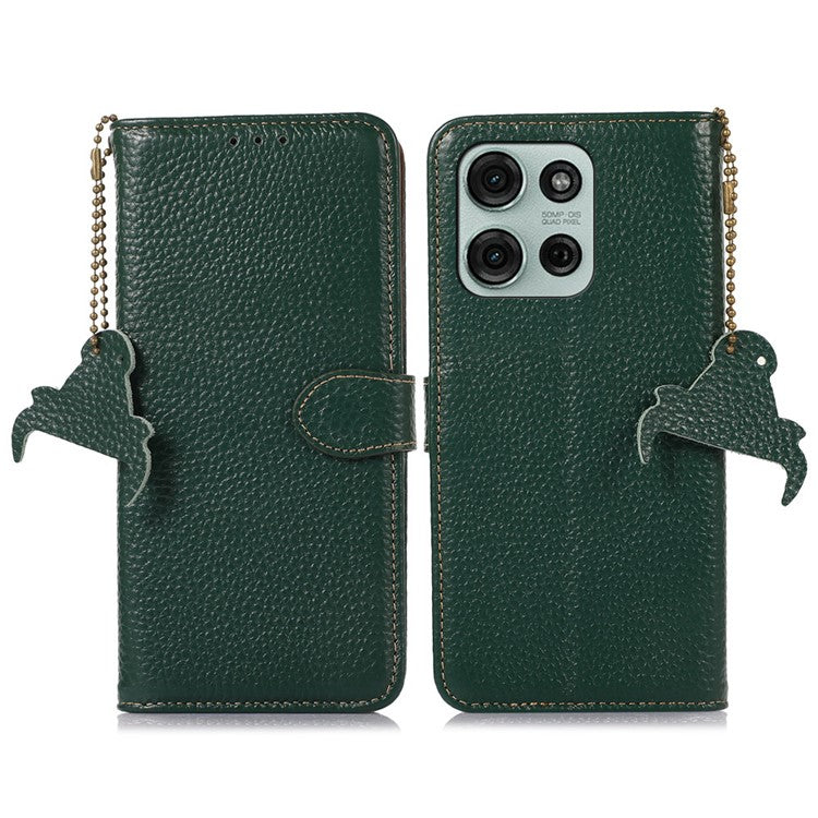 For Motorola Moto G75 5G Case RFID Blocking Genuine Cow Leather Phone Cover Litchi Texture - Green
