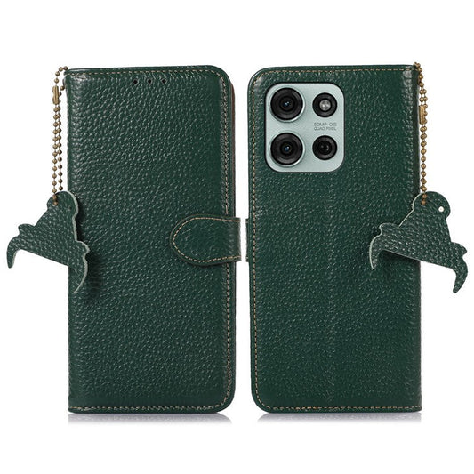 For Motorola Moto G75 5G Case RFID Blocking Genuine Cow Leather Phone Cover Litchi Texture - Green
