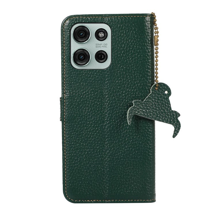 For Motorola Moto G75 5G Case RFID Blocking Genuine Cow Leather Phone Cover Litchi Texture - Green