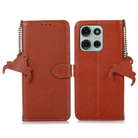 For Motorola Moto G75 5G Case RFID Blocking Genuine Cow Leather Phone Cover Litchi Texture - Brown