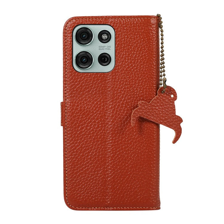 For Motorola Moto G75 5G Case RFID Blocking Genuine Cow Leather Phone Cover Litchi Texture - Brown