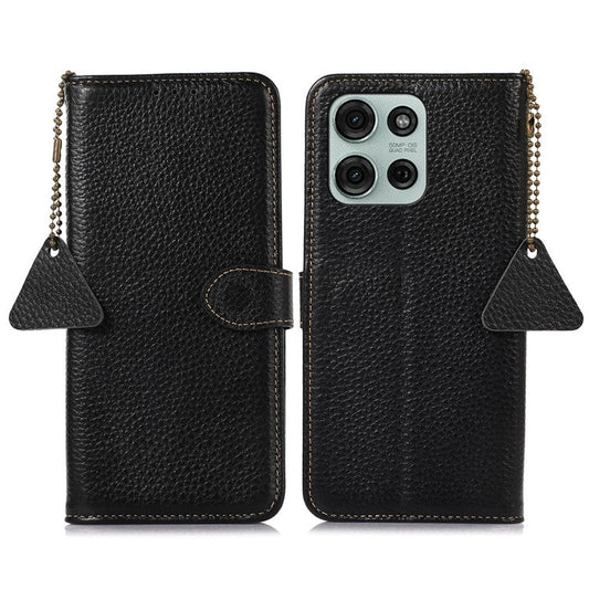For Motorola Moto G75 5G Case RFID Blocking Genuine Cow Leather Phone Cover Litchi Texture - Black