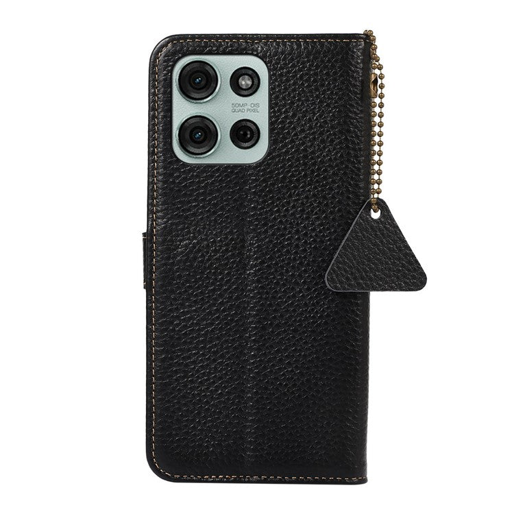 For Motorola Moto G75 5G Case RFID Blocking Genuine Cow Leather Phone Cover Litchi Texture - Black