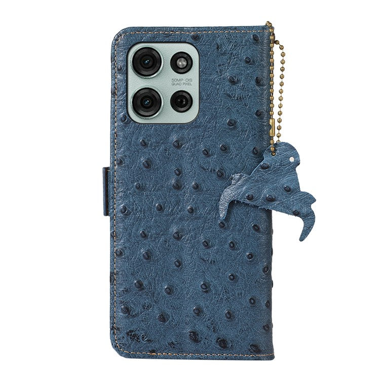 For Motorola Moto G75 5G Case RFID Blocking Genuine Cow Leather Phone Case Ostrich Texture - Blue