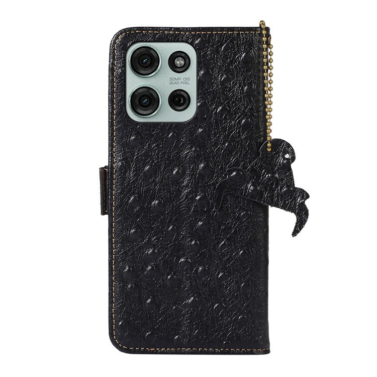 For Motorola Moto G75 5G Case RFID Blocking Genuine Cow Leather Phone Case Ostrich Texture - Black